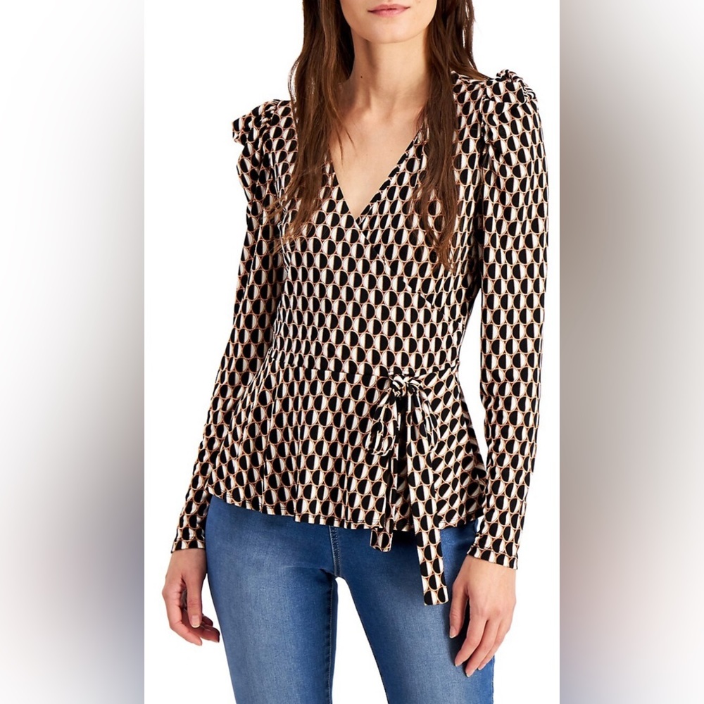 Printed Surplice Puff-Sleeve Tied Top